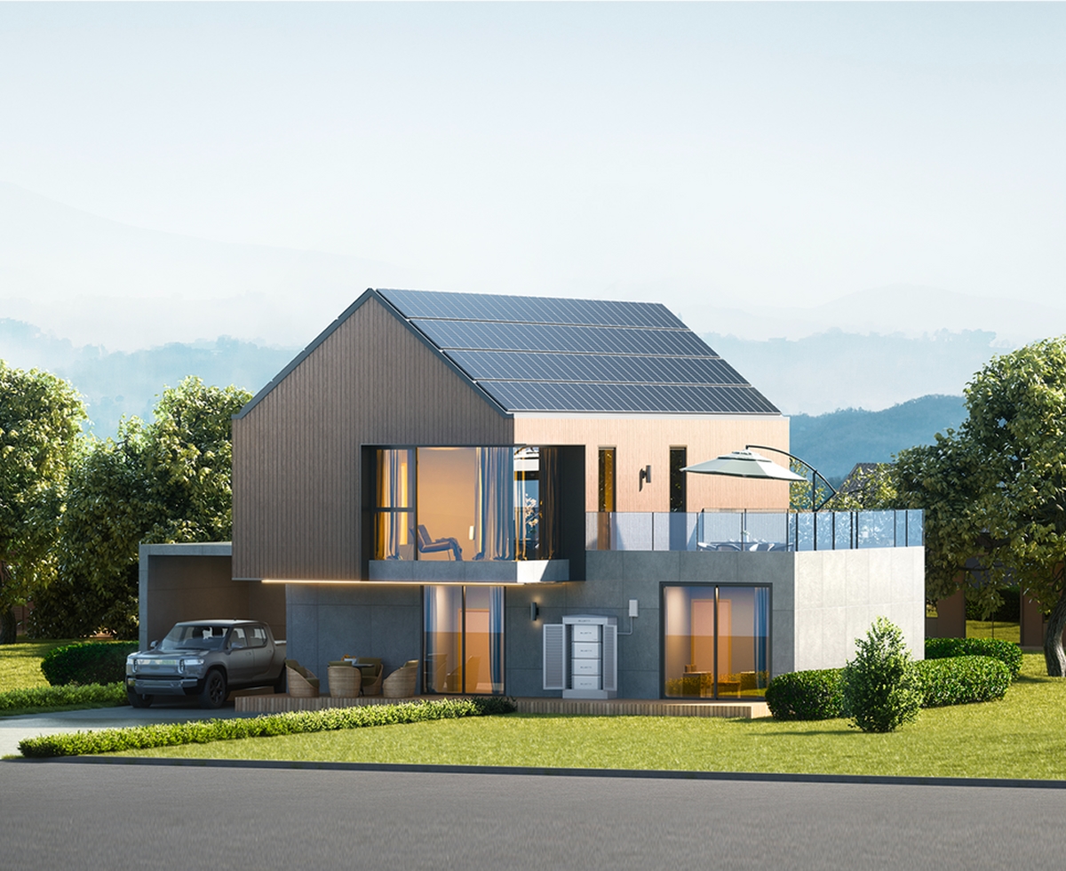 Modern smart home with rooftop solar panels and Solavita energy storage system