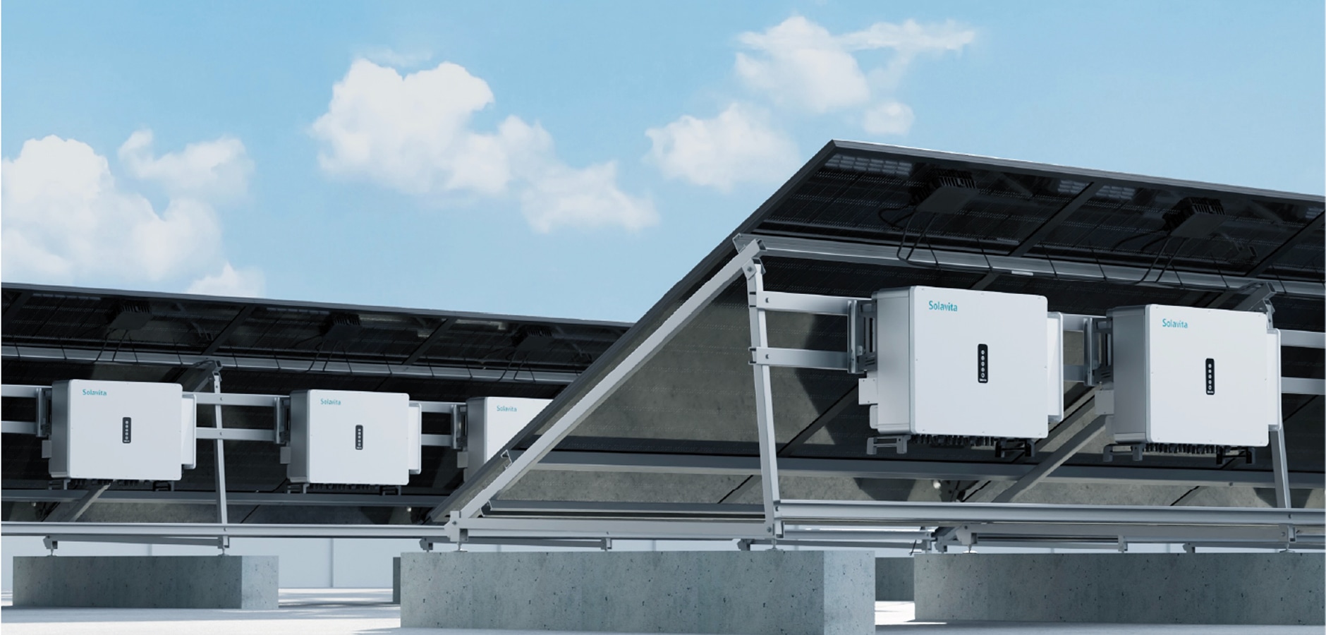 Solavita inverters installed on a solar panel system, showcasing the efficient integration of inverters with photovoltaic arrays. The inverters are mounted on a robust framework, providing a clear view of the Solavita branding. This installation highlights the advanced technology behind Solavita’s inverters, which help optimize energy conversion and performance in solar power systems