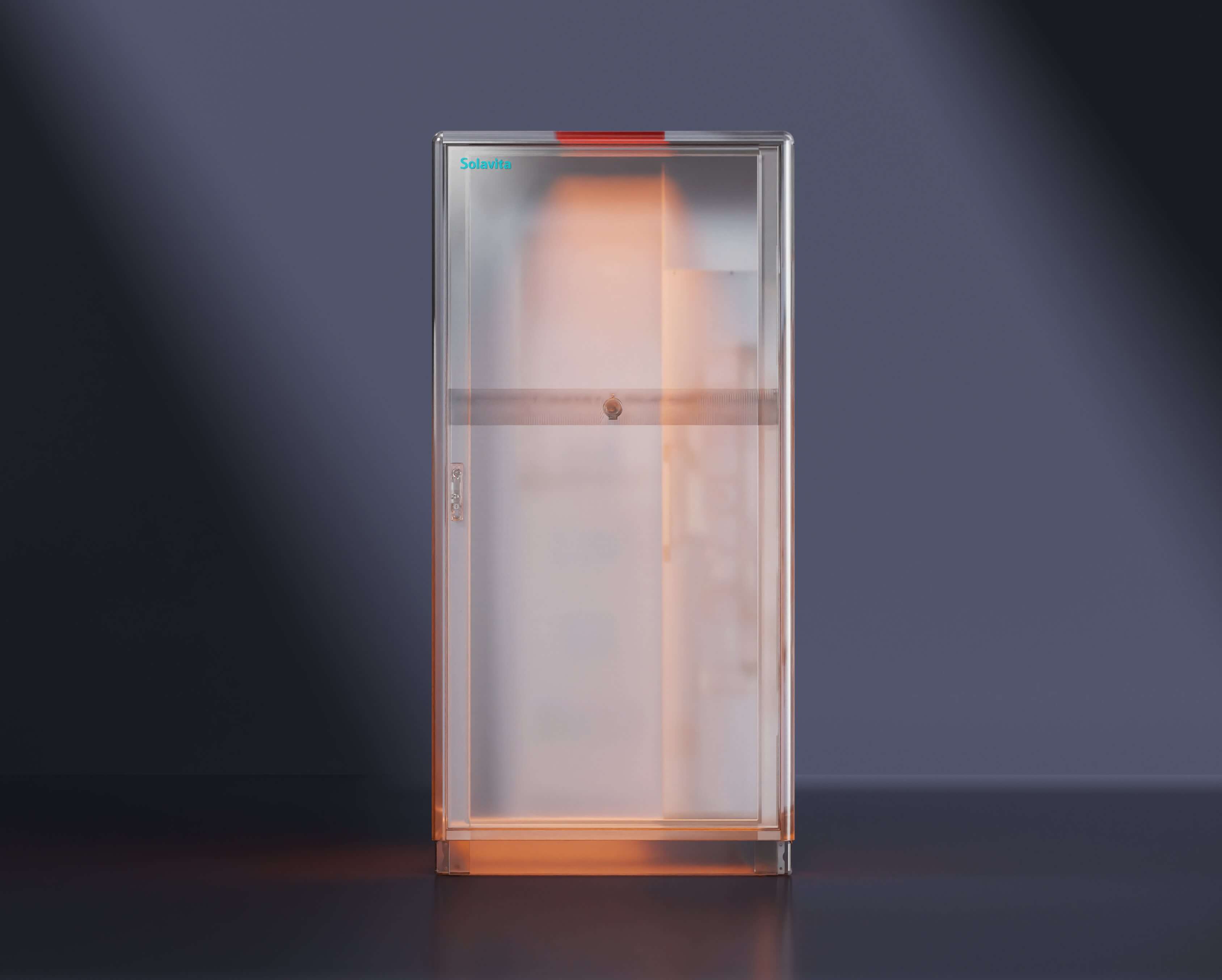 A transparent Solavita energy storage system with illuminated interior, showcasing its sleek design and advanced technology in a dark, minimalistic environment. The system is designed for efficient energy storage and management