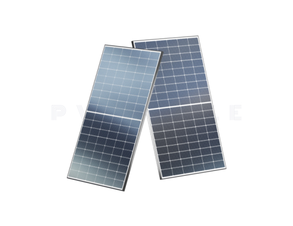 Two photovoltaic solar panels with monocrystalline and polycrystalline cell designs on transparent background