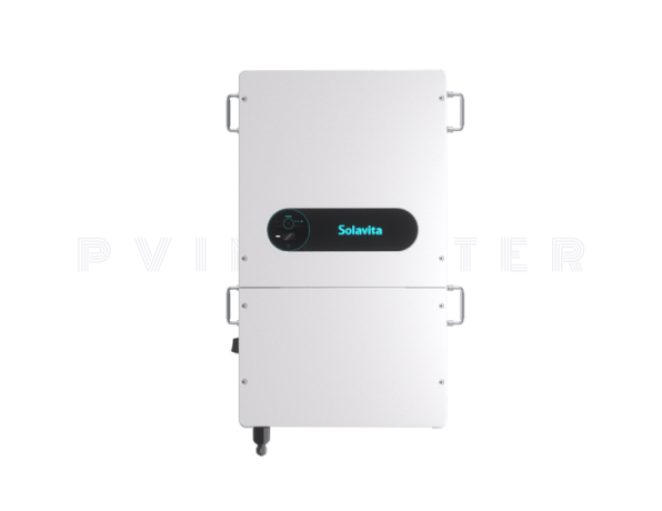 Solavita 40-60kW Hybrid inverter with white casing and digital display on transparent background