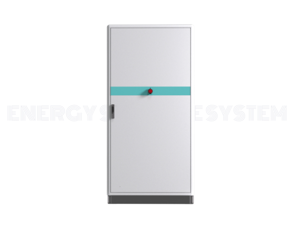 Solavita C&I energy storage cabinet with minimalist white casing, turquoise accent, and secure handle, isolated on transparent background