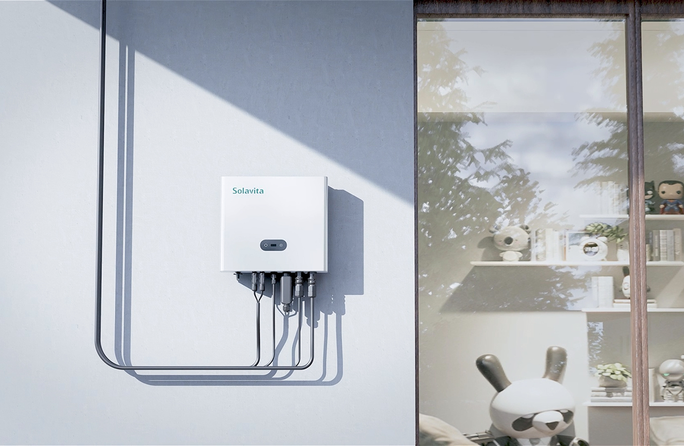 Solavita hybrid inverter installed on a wall with connected cables, with a reflection of a cozy indoor setting visible through a window
