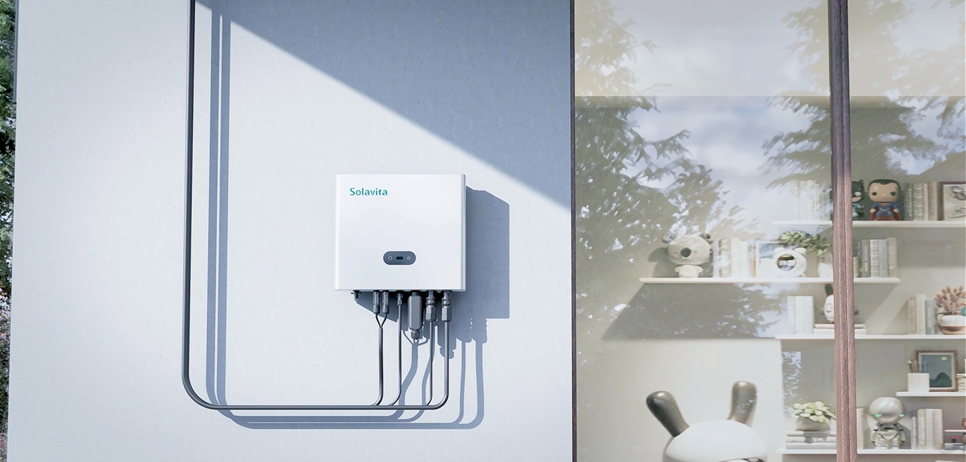 Solavita on grid inverter installed on a wall with connected cables, casting long shadows. The background features a modern living room with shelves holding figurines and plants, providing a sleek and minimalist aesthetic