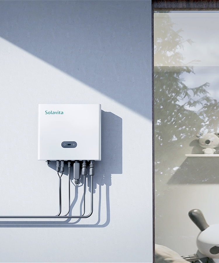 Solavita home energy inverter installed on exterior wall, with visible power cables and modern residential background