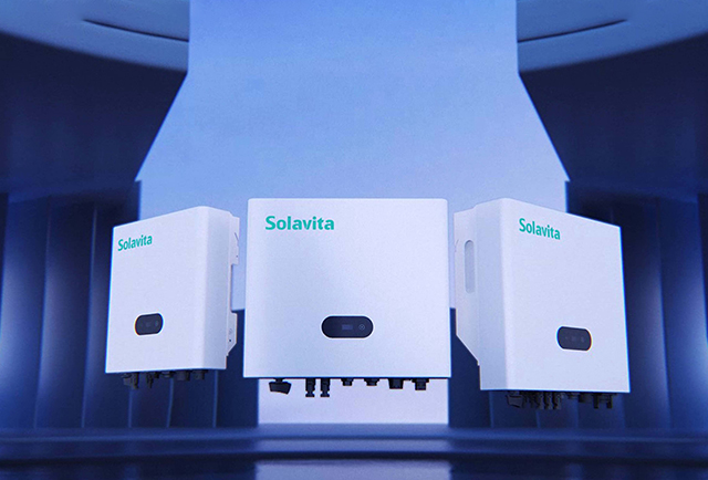 Three Solavita smart inverters showcased in a futuristic blue-lit environment