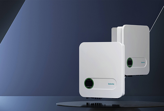 Solavita white smart inverters with circular digital display, presented in a modern tech-style background